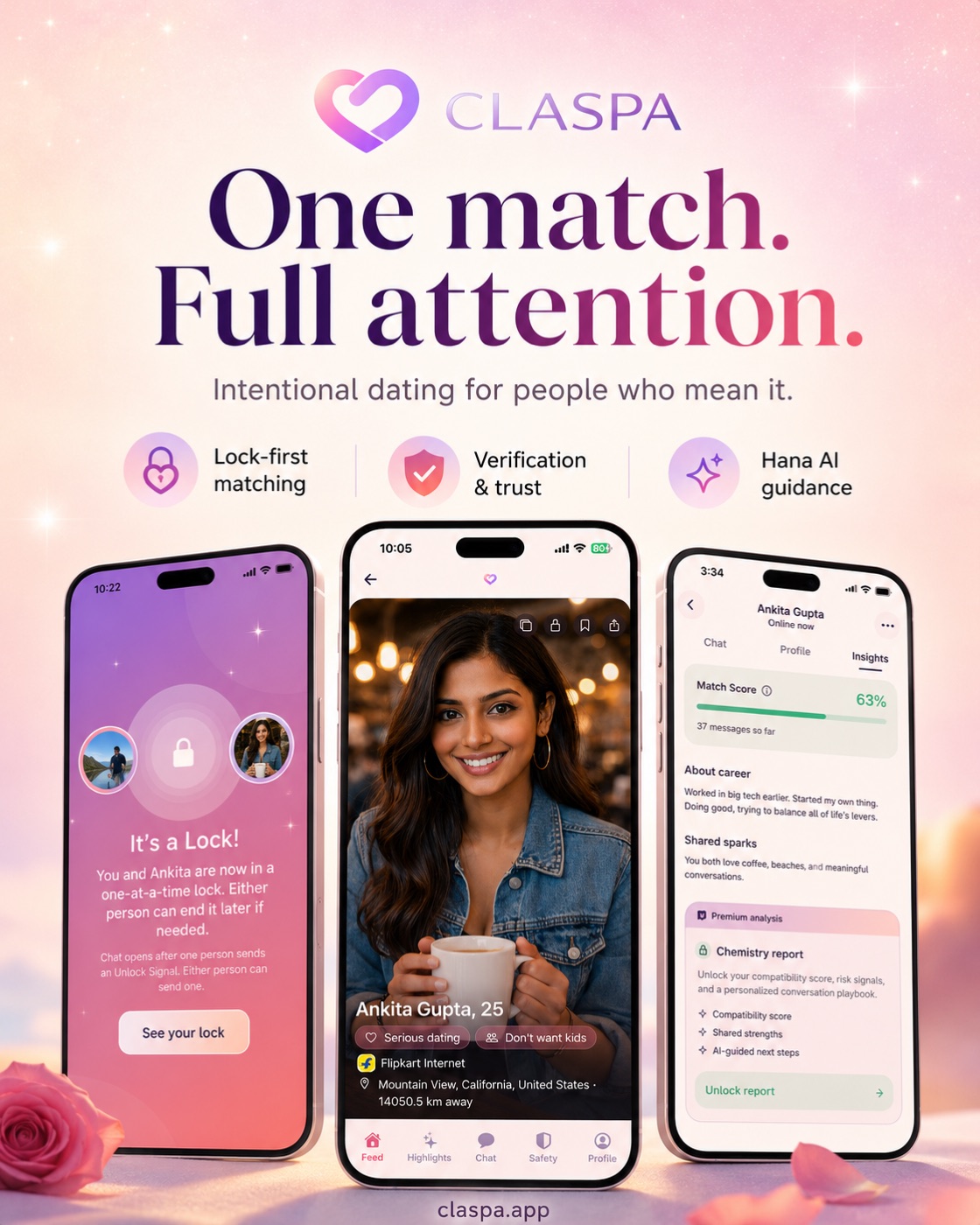 Claspa campaign presenting one match, full attention and intentional dating